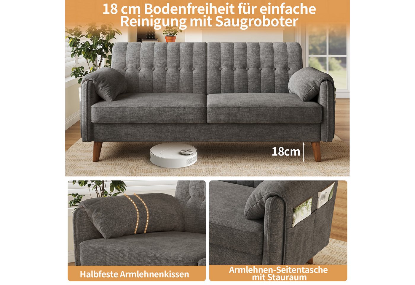 Merax 2-Sitzer aus Chenille, modernes Couch Polstersofa mit dicker Sitzfläche, 1 Teile, Sofa mit Rückenlehne, Armlehnenkissen & Seitentaschen, Massivholzbeine – Bild 4 von 5