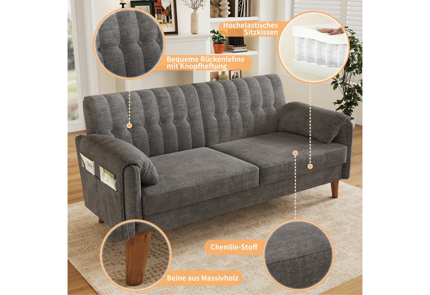 Merax 2-Sitzer aus Chenille, modernes Couch Polstersofa mit dicker Sitzfläche, 1 Teile, Sofa mit Rückenlehne, Armlehnenkissen & Seitentaschen, Massivholzbeine – Bild 5 von 5