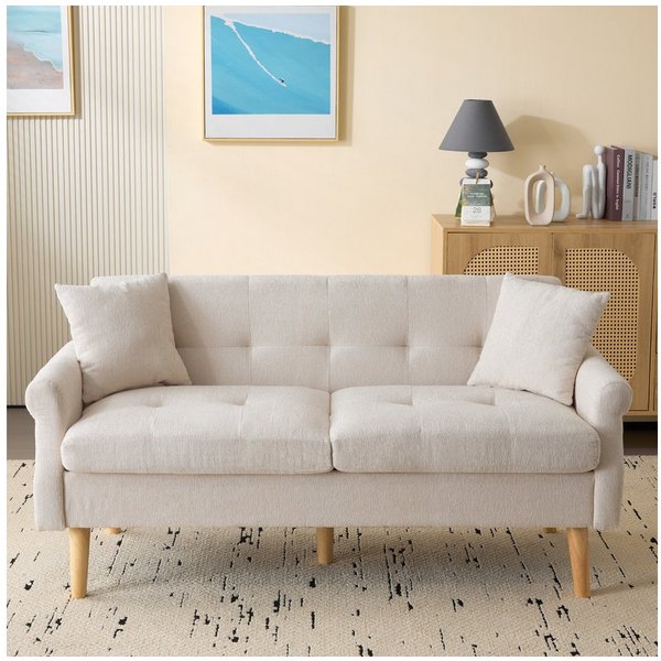 Merax 2-Sitzer Doppelsofa mit dicken Kissen, Holzbeinen und Armlehne, 162x74x77 cm, Polstersofa Sofa aus Chenille-Stoff für Wohnzimmer/Schlafzimmer