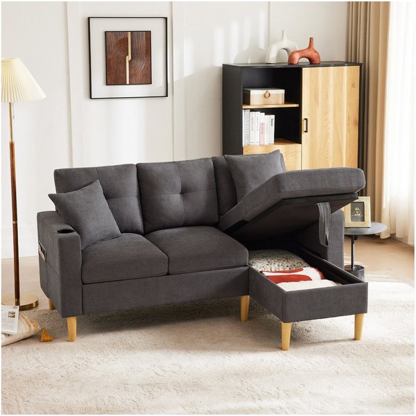 Merax 3-Sitzer Ecksofa Eckcouch in L-Form Eckgarnitur, L-förmiges Sofa aus Baumwoll- und Leinenstoff, 175*129*90cm 1 Teile, 3-Sitzer-Sofa mit integriertem Staur