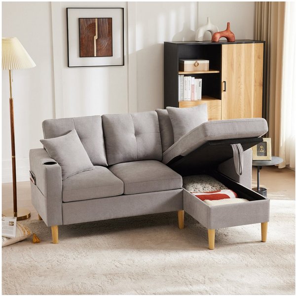 Merax 3-Sitzer Ecksofa Eckcouch in L-Form Eckgarnitur, L-förmiges Sofa aus Baumwoll- und Leinenstoff, 175*129*90cm 1 Teile, 3-Sitzer-Sofa mit integriertem Staur
