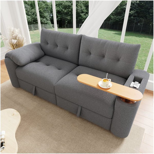Merax 3-Sitzer klein modular Sofa mit Stauraum, Teddyplüsch, Schlafcouch für Apartment, Wohnzimmer & Gästezimmer 1 Teile, Sofa mit Kopfstütze, drehbarem Beistel