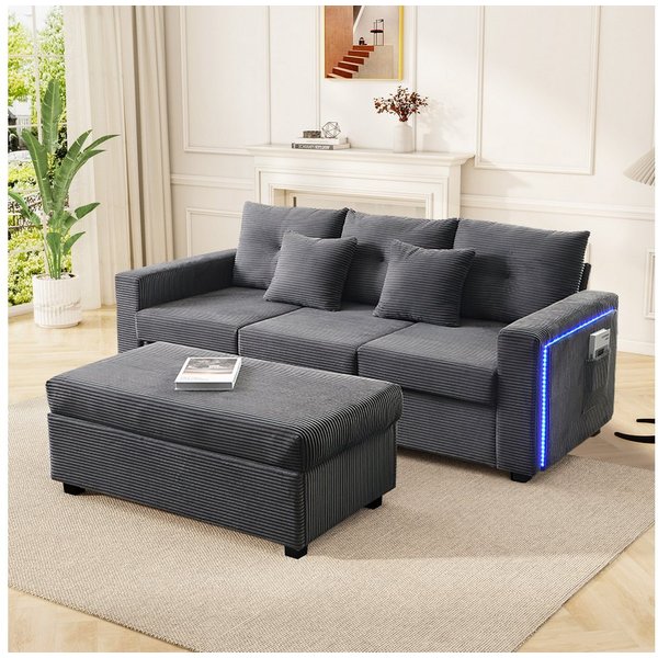 Merax 3-Sitzer L-förmiges Sofa mit LED-Beleuchtung, Wolkenweiches Sitzgefühl, Modulares Design, Cordstoff 1 Teile, 3-Sitzer Sofa mit Extra großer Ottoman, Seite