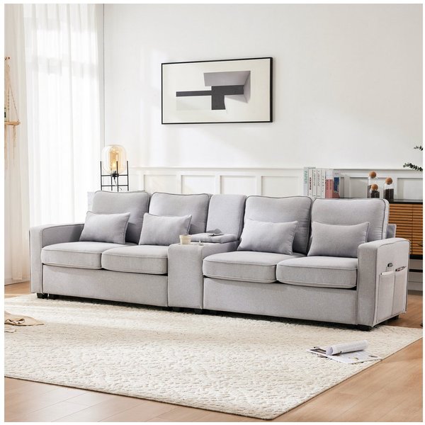 Merax 4-Sitzer mit Seitentaschen und Getränkehälter, XXL-Sofa mit USB,Chaiselounge,Polstermöbel mit Zierkissen