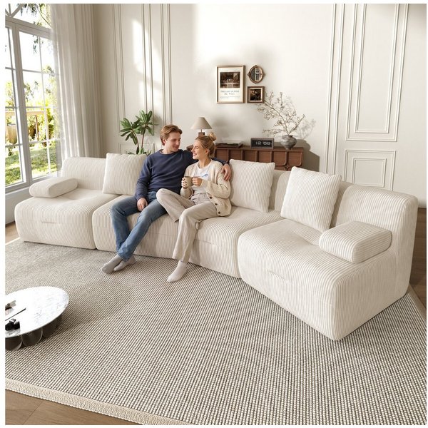 Merax 4-Sitzer Modulsofa aus Cordstoff, 4 frei kombinierbare Sitzmodule, Schlafsofa, Couch 311×90×65cm 1 Teile, weiches Sofa mit guter Rückfederung, Kompression