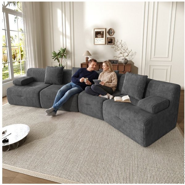Merax 4-Sitzer Modulsofa aus Cordstoff, 4 frei kombinierbare Sitzmodule, Schlafsofa, Couch 311×90×65cm 1 Teile, weiches Sofa mit guter Rückfederung, Kompression