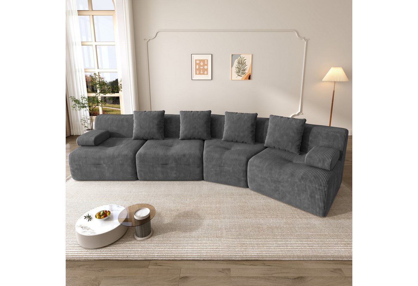 Merax 4-Sitzer Modulsofa aus Cordstoff, 4 frei kombinierbare Sitzmodule, Schlafsofa, Couch 311×90×65cm 1 Teile, weiches Sofa mit guter Rückfederung, Kompression – Bild 3 von 5