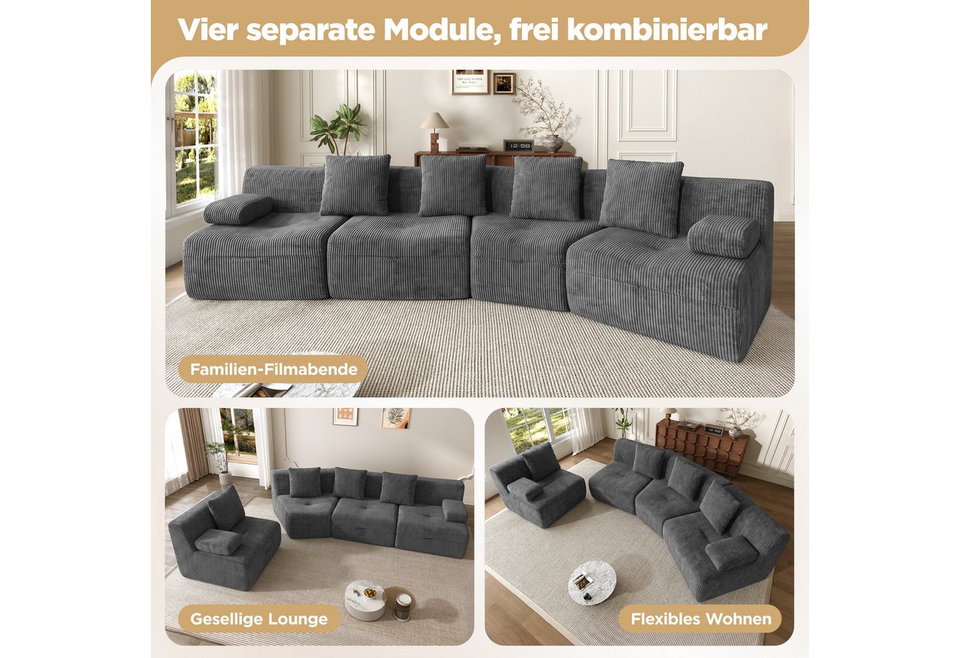 Merax 4-Sitzer Modulsofa aus Cordstoff, 4 frei kombinierbare Sitzmodule, Schlafsofa, Couch 311×90×65cm 1 Teile, weiches Sofa mit guter Rückfederung, Kompression – Bild 4 von 5