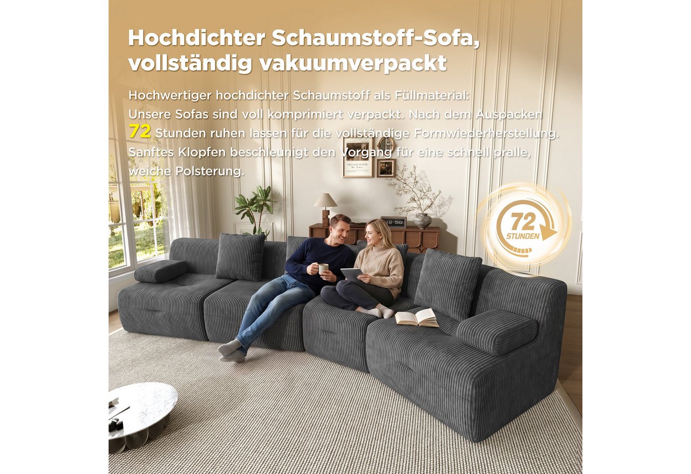 Merax 4-Sitzer Modulsofa aus Cordstoff, 4 frei kombinierbare Sitzmodule, Schlafsofa, Couch 311×90×65cm 1 Teile, weiches Sofa mit guter Rückfederung, Kompression – Bild 5 von 5