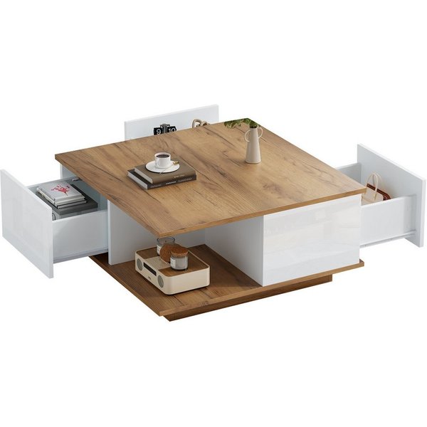 Merax Couchtisch (1-St., hochglänzende Fronten, modern & platzsparend), Wohnzimmertisch mit 3 Schubladen & halboffenem Stauraum, 70x70x31,5cm