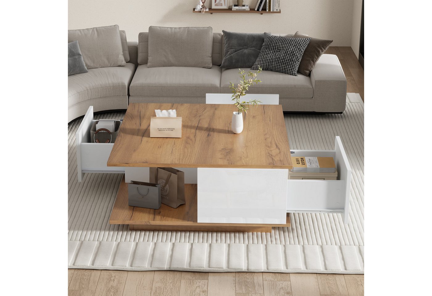 Merax Couchtisch (1-St., hochglänzende Fronten, modern & platzsparend), Wohnzimmertisch mit 3 Schubladen & halboffenem Stauraum, 70x70x31,5cm – Bild 2 von 5