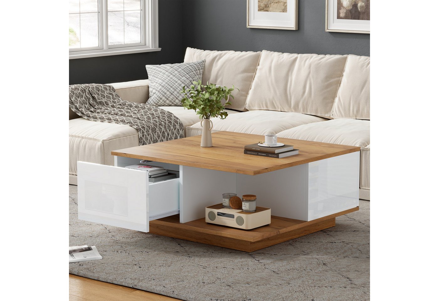 Merax Couchtisch (1-St., hochglänzende Fronten, modern & platzsparend), Wohnzimmertisch mit 3 Schubladen & halboffenem Stauraum, 70x70x31,5cm – Bild 3 von 5