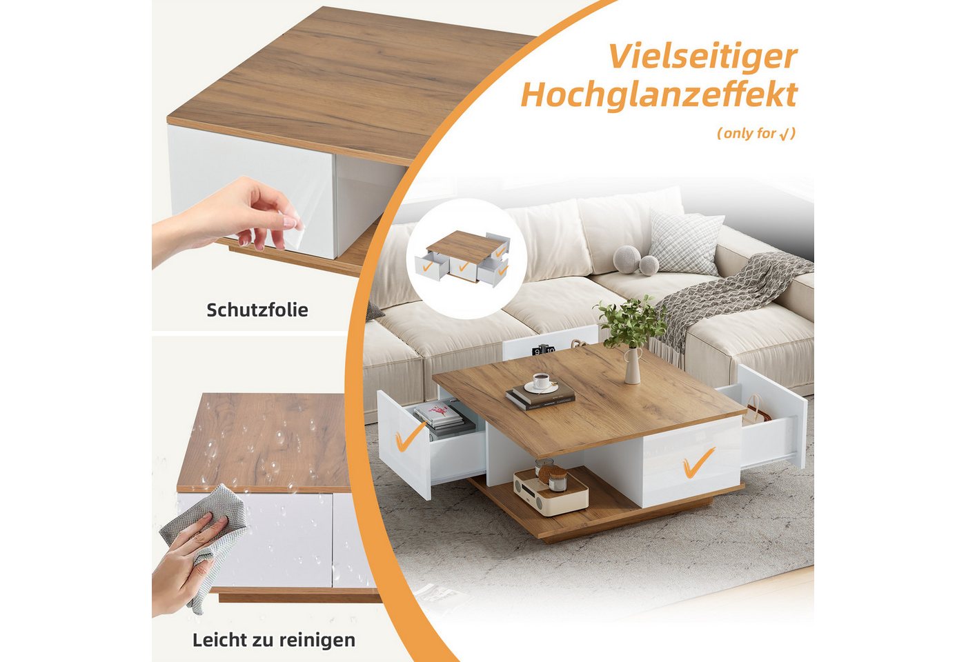 Merax Couchtisch (1-St., hochglänzende Fronten, modern & platzsparend), Wohnzimmertisch mit 3 Schubladen & halboffenem Stauraum, 70x70x31,5cm – Bild 4 von 5