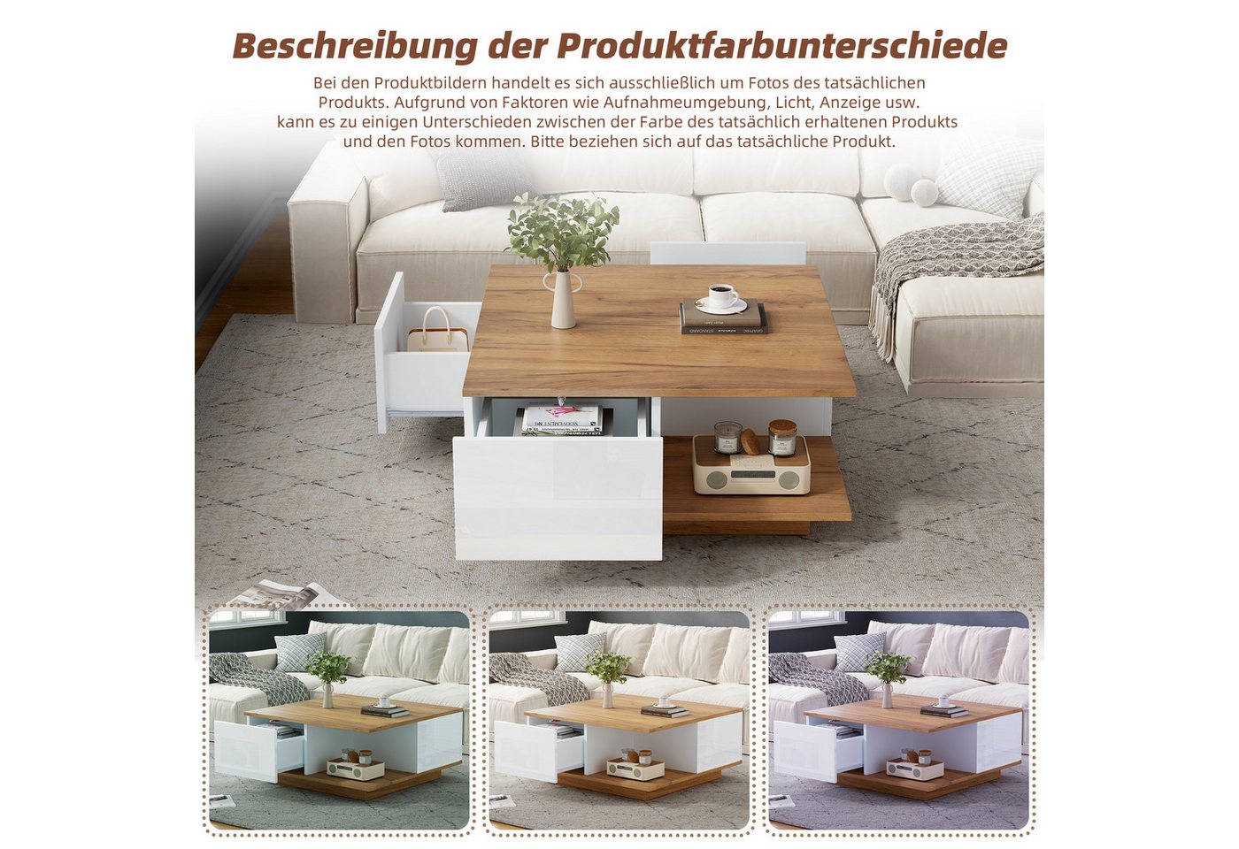 Merax Couchtisch (1-St., hochglänzende Fronten, modern & platzsparend), Wohnzimmertisch mit 3 Schubladen & halboffenem Stauraum, 70x70x31,5cm – Bild 5 von 5