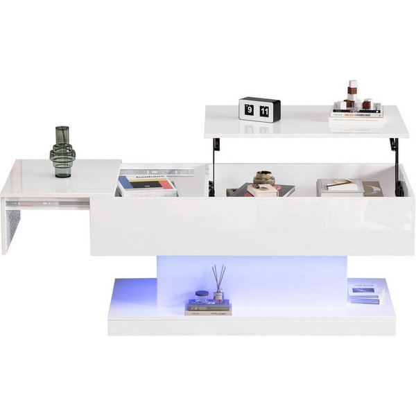 Merax Couchtisch (100x50x45 cm), hochglanz mit hydraulischer Lift und Stauraum inkl. LED, Lift-Teetisch