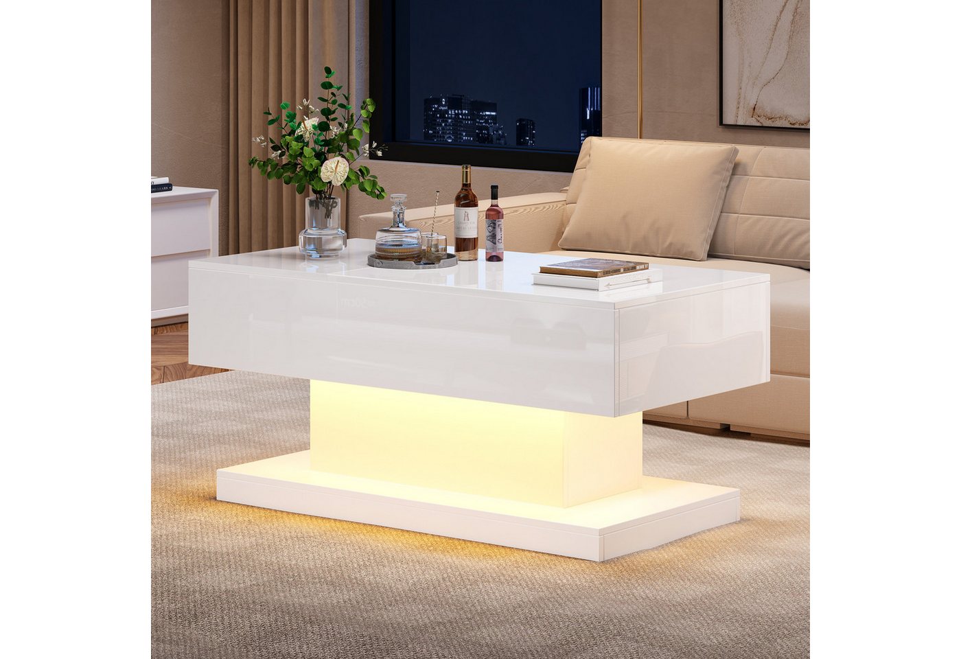 Merax Couchtisch (100x50x45 cm), hochglanz mit hydraulischer Lift und Stauraum inkl. LED, Lift-Teetisch – Bild 2 von 5