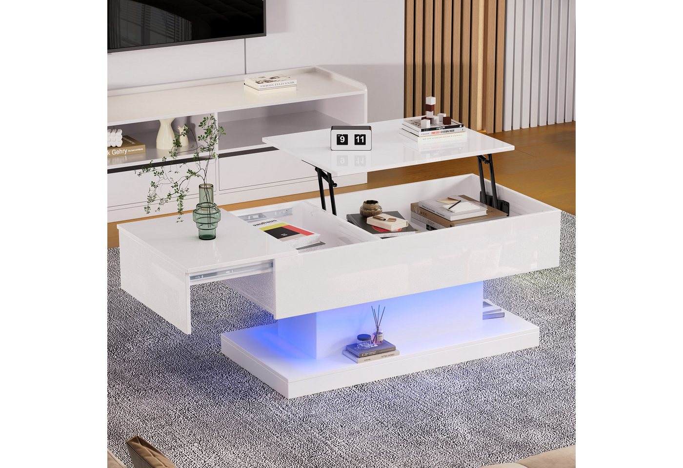 Merax Couchtisch (100x50x45 cm), hochglanz mit hydraulischer Lift und Stauraum inkl. LED, Lift-Teetisch – Bild 3 von 5