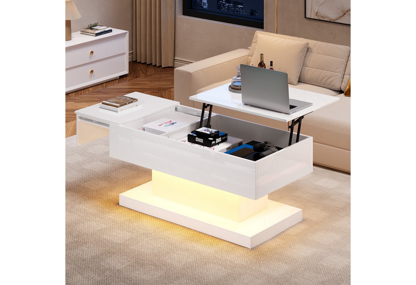 Merax Couchtisch (100x50x45 cm), hochglanz mit hydraulischer Lift und Stauraum inkl. LED, Lift-Teetisch – Bild 4 von 5