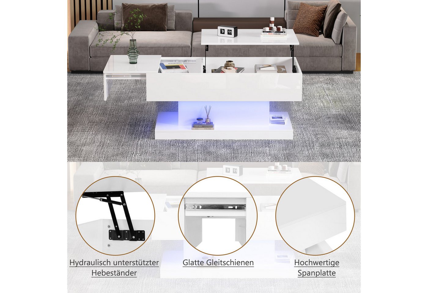 Merax Couchtisch (100x50x45 cm), hochglanz mit hydraulischer Lift und Stauraum inkl. LED, Lift-Teetisch – Bild 5 von 5