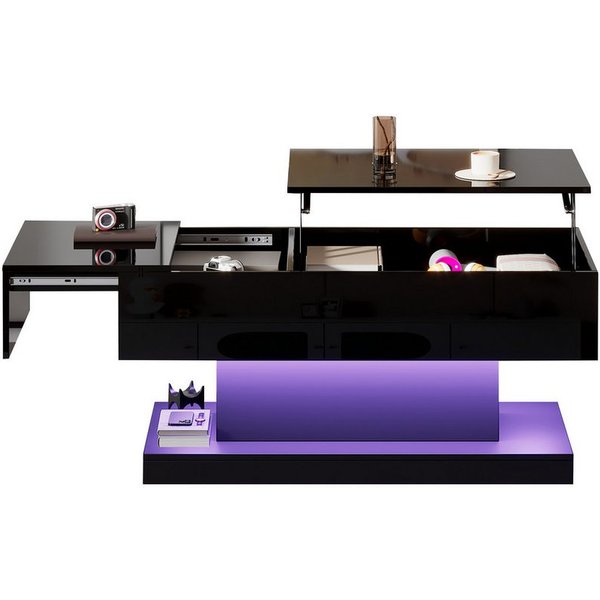 Merax Couchtisch (100x50x45 cm), hochglanz mit hydraulischer Lift und Stauraum inkl. LED, Lift-Teetisch
