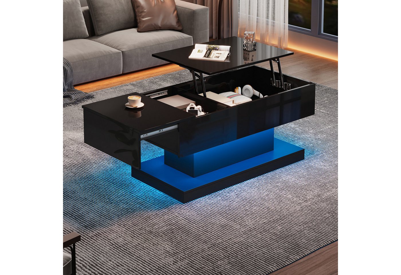 Merax Couchtisch (100x50x45 cm), hochglanz mit hydraulischer Lift und Stauraum inkl. LED, Lift-Teetisch – Bild 2 von 5
