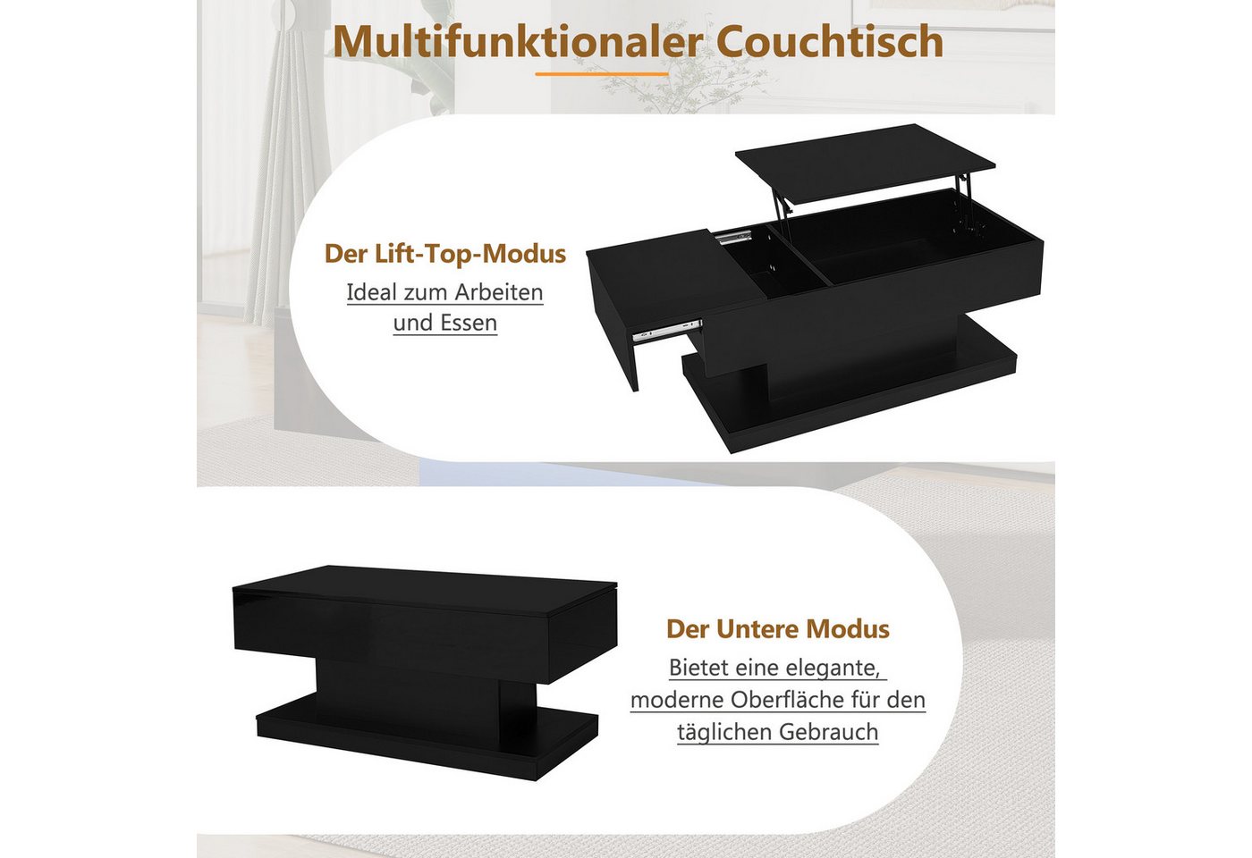 Merax Couchtisch (100x50x45 cm), hochglanz mit hydraulischer Lift und Stauraum inkl. LED, Lift-Teetisch – Bild 4 von 5