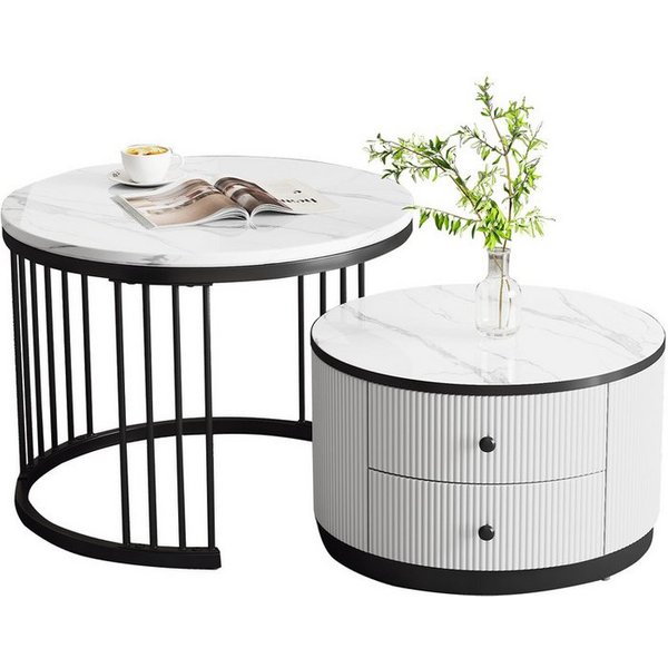 Merax Couchtisch, Hochglanz Marmoroptik, Beistelltisch Set, Satztisch Metallrahmen