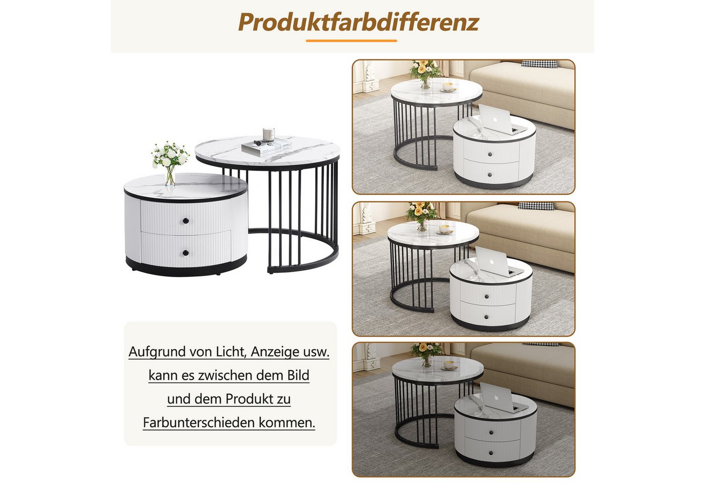 Merax Couchtisch, Hochglanz Marmoroptik, Beistelltisch Set, Satztisch Metallrahmen – Bild 2 von 5
