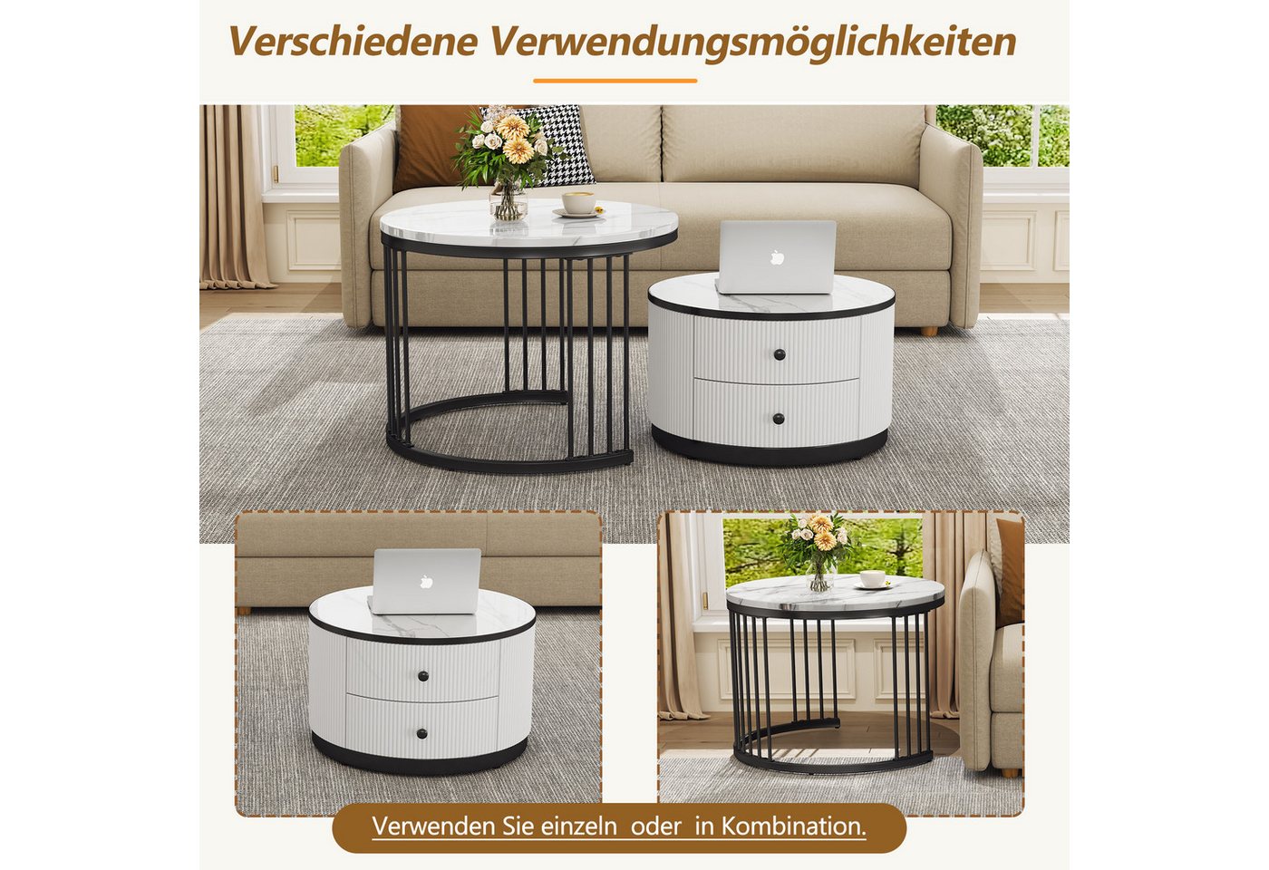 Merax Couchtisch, Hochglanz Marmoroptik, Beistelltisch Set, Satztisch Metallrahmen – Bild 4 von 5