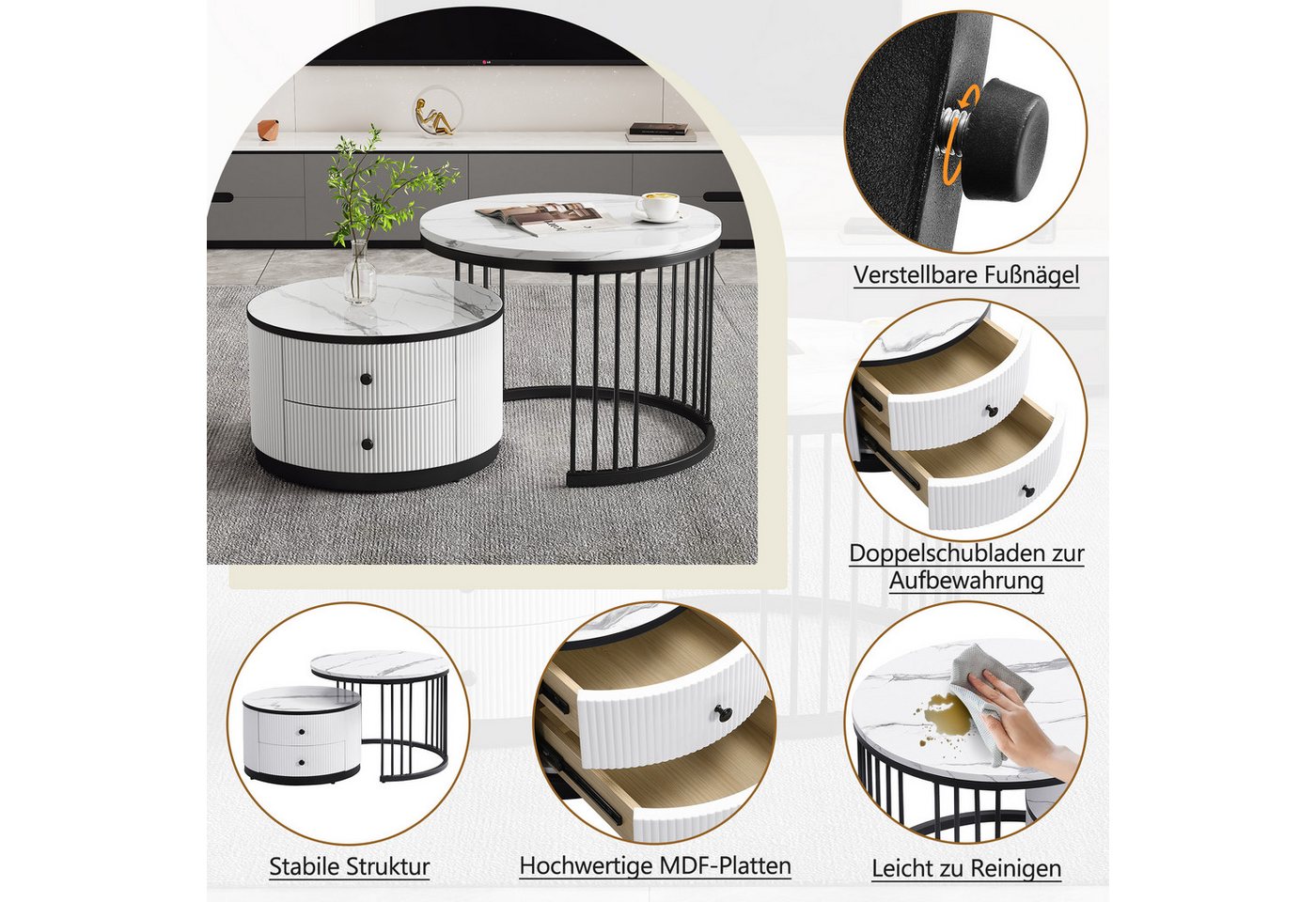 Merax Couchtisch, Hochglanz Marmoroptik, Beistelltisch Set, Satztisch Metallrahmen – Bild 5 von 5