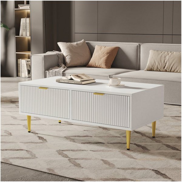 Merax Couchtisch, mit Schubladen und offenen Fach, Bestelltisch mit Metallfüße, B:100cm