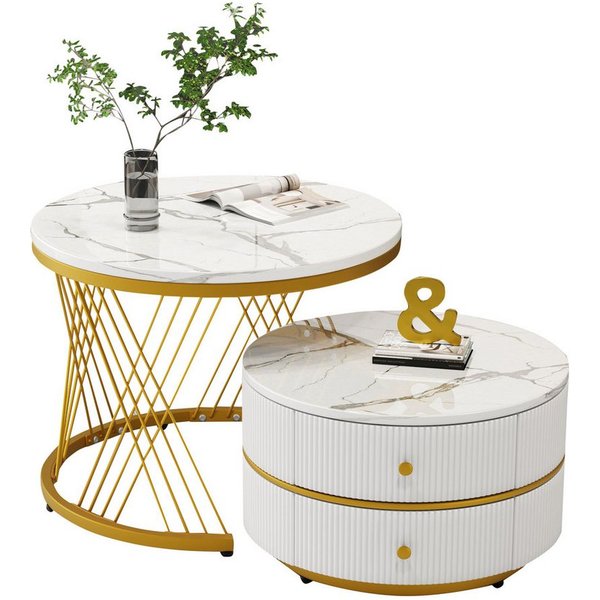 Merax Couchtisch, Hochglanz Marmoroptik, Beistelltisch Set, Satztisch Metallrahmen
