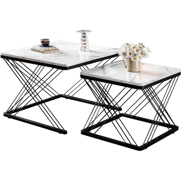 Merax Couchtisch, Set mit Stahlrahmen, Beistelltisch Hochglanz Marmoroptik, Satztisch