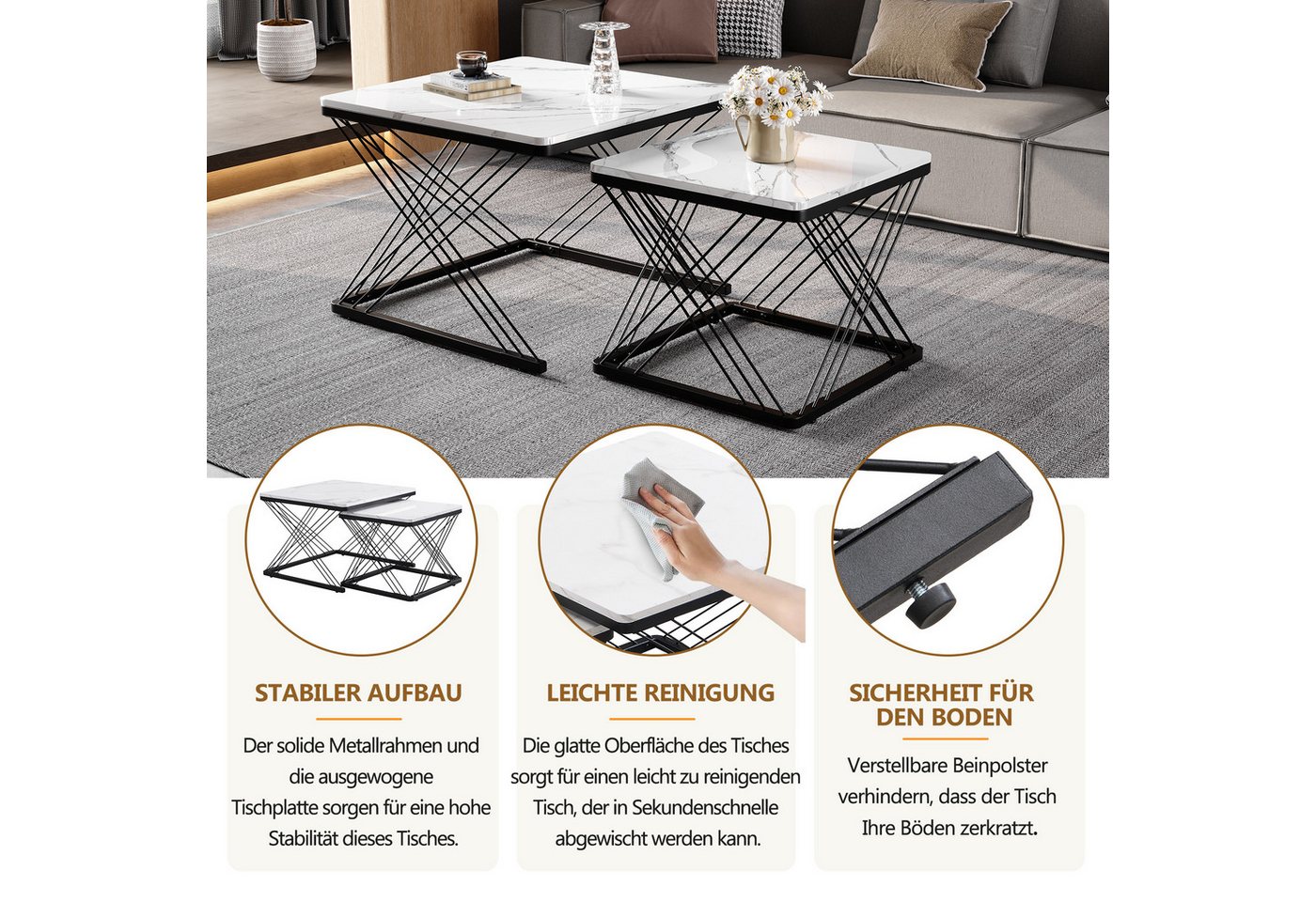 Merax Couchtisch, Set mit Stahlrahmen, Beistelltisch Hochglanz Marmoroptik, Satztisch – Bild 2 von 5