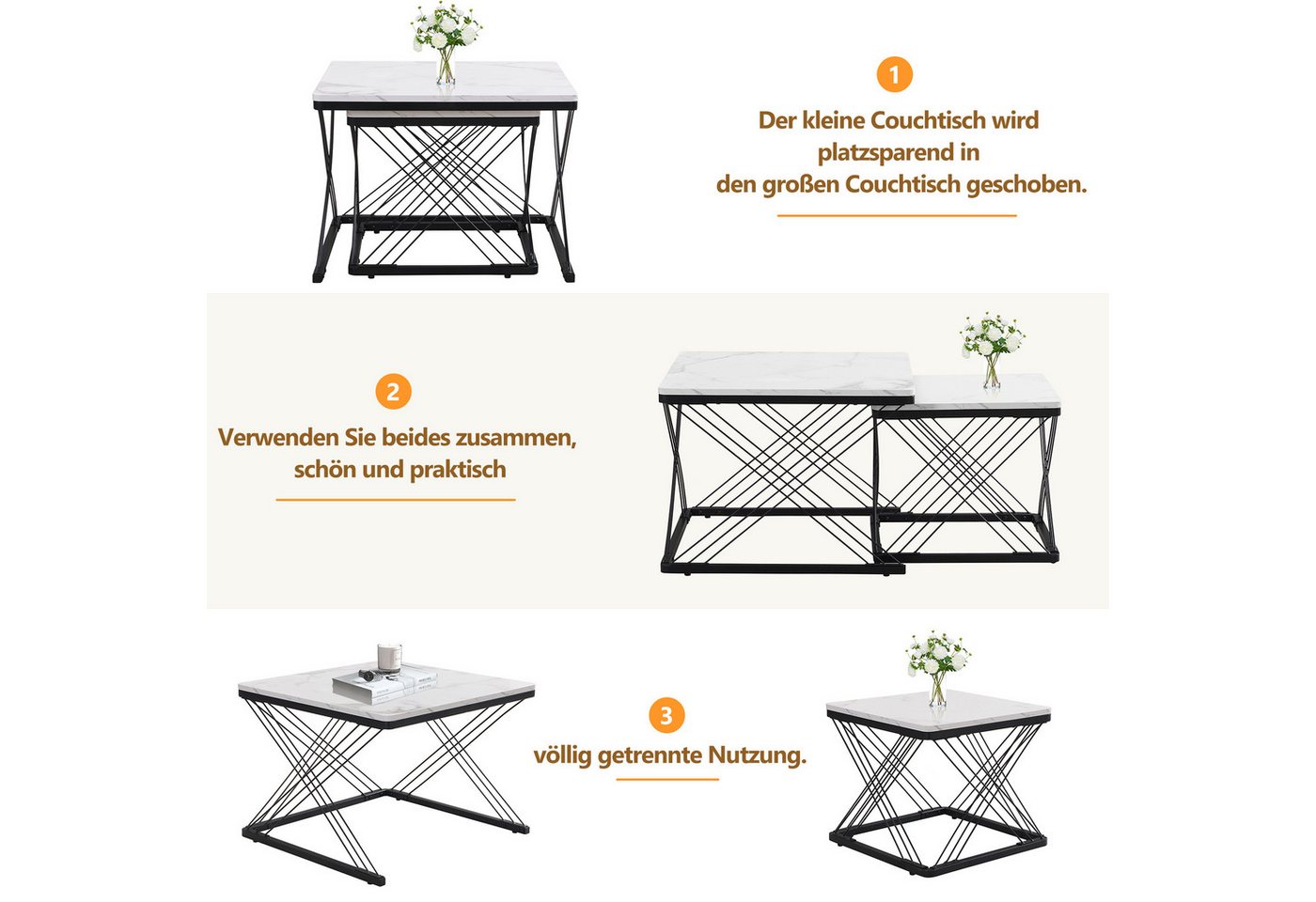 Merax Couchtisch, Set mit Stahlrahmen, Beistelltisch Hochglanz Marmoroptik, Satztisch – Bild 3 von 5