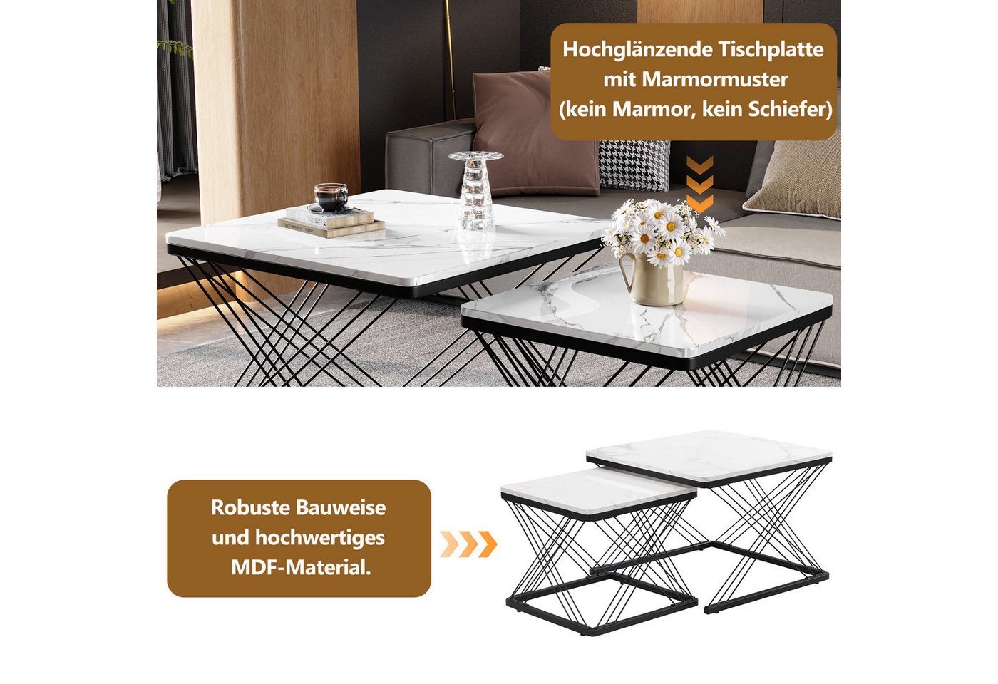 Merax Couchtisch, Set mit Stahlrahmen, Beistelltisch Hochglanz Marmoroptik, Satztisch – Bild 4 von 5
