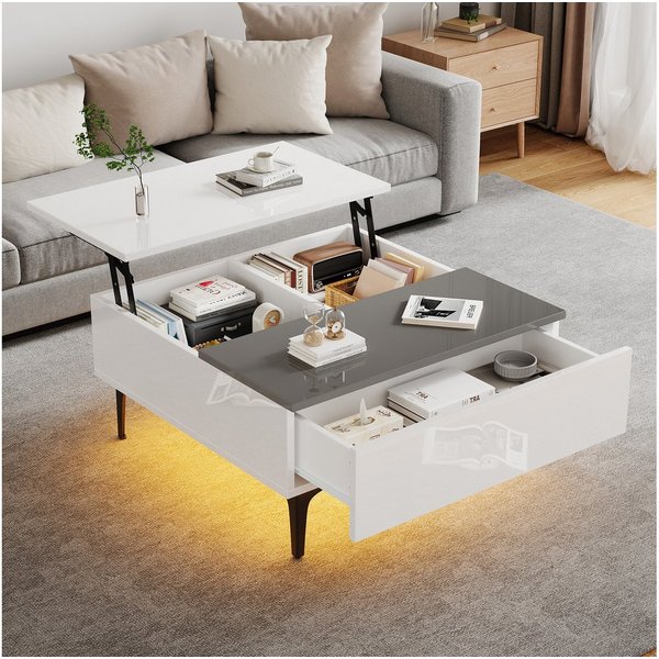 Merax Couchtisch höhenverstellbar Kaffeetisch mit verstecktem Stauraum & Ablagen (1-St., 70*70*35cm), Hochglanz Wohnzimmertisch mit Schublade, Sofatisch mit LED