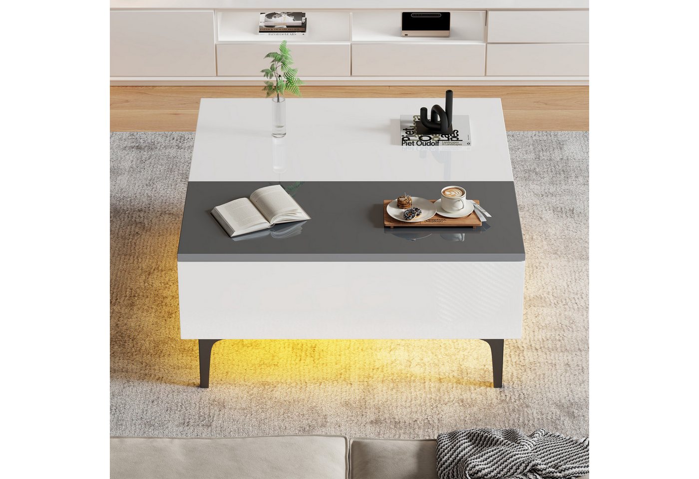 Merax Couchtisch höhenverstellbar Kaffeetisch mit verstecktem Stauraum & Ablagen (1-St., 70*70*35cm), Hochglanz Wohnzimmertisch mit Schublade, Sofatisch mit LED – Bild 2 von 5