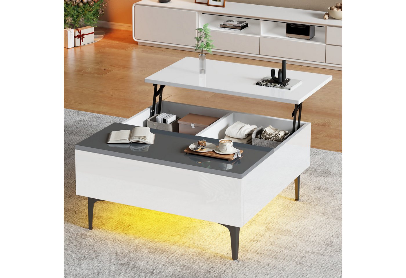Merax Couchtisch höhenverstellbar Kaffeetisch mit verstecktem Stauraum & Ablagen (1-St., 70*70*35cm), Hochglanz Wohnzimmertisch mit Schublade, Sofatisch mit LED – Bild 3 von 5