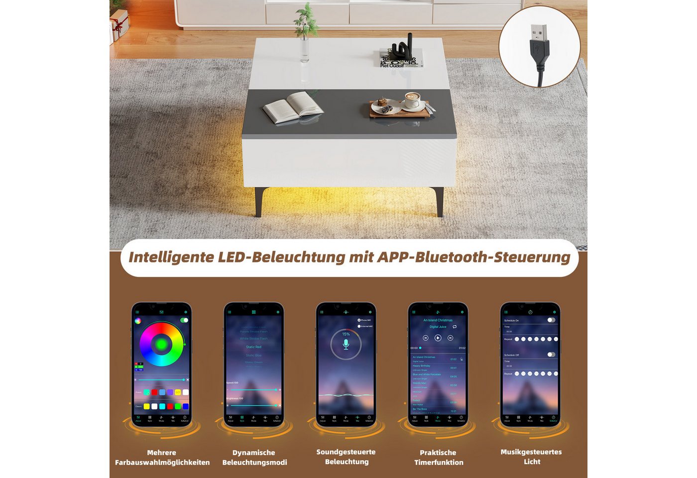 Merax Couchtisch höhenverstellbar Kaffeetisch mit verstecktem Stauraum & Ablagen (1-St., 70*70*35cm), Hochglanz Wohnzimmertisch mit Schublade, Sofatisch mit LED – Bild 4 von 5