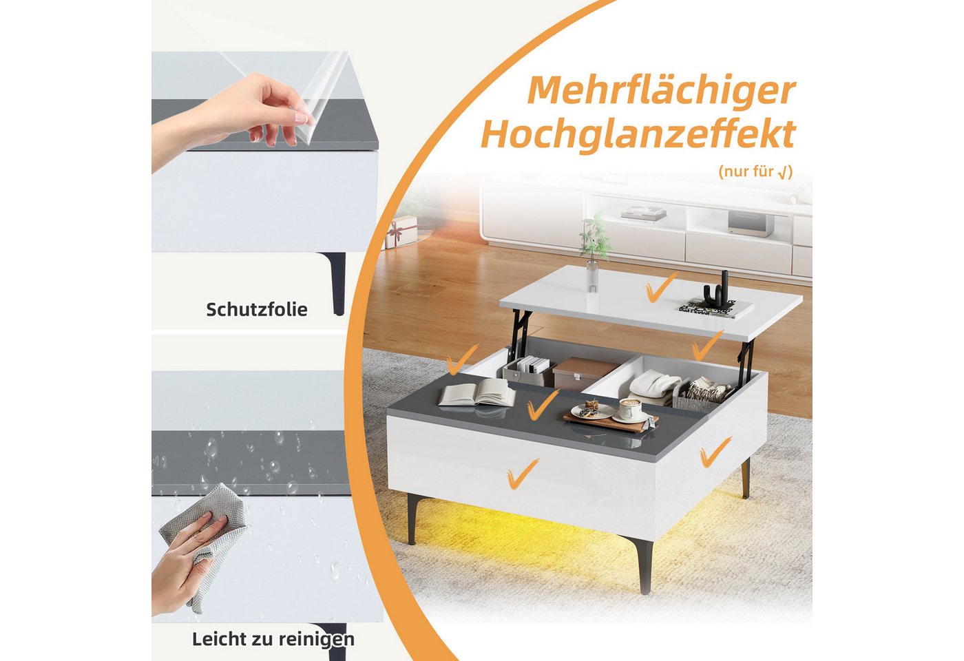 Merax Couchtisch höhenverstellbar Kaffeetisch mit verstecktem Stauraum & Ablagen (1-St., 70*70*35cm), Hochglanz Wohnzimmertisch mit Schublade, Sofatisch mit LED – Bild 5 von 5