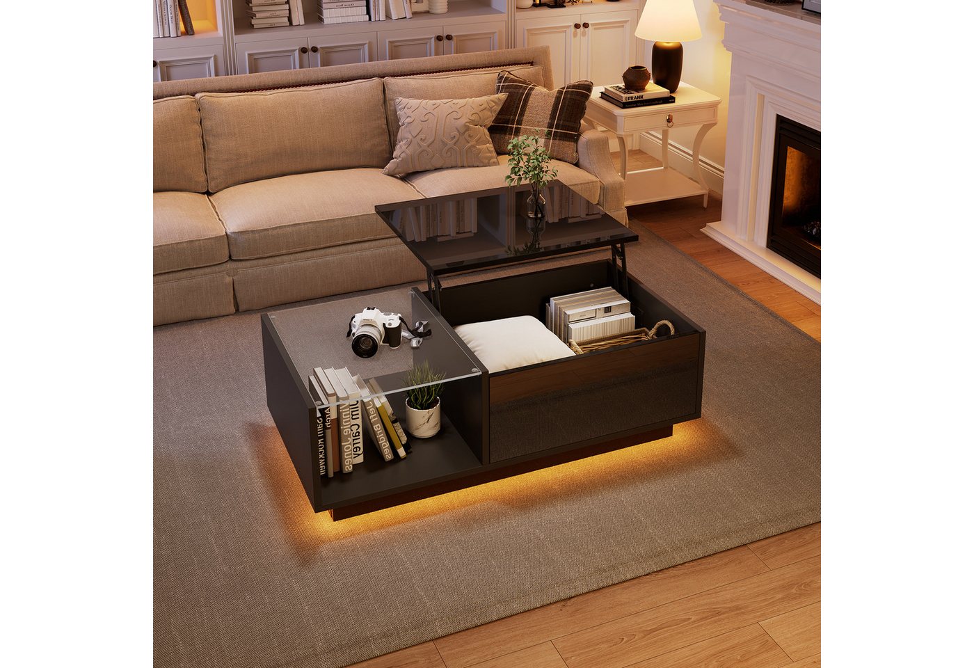 Merax Couchtisch höhenverstellbar Sofatisch mit Hebefunktion und Stauraum (1-St., 100x50x (33-46.5) cm), Beistelltisch Wohnzimmertisch mit Hochglanz-Oberfläche  – Bild 2 von 5