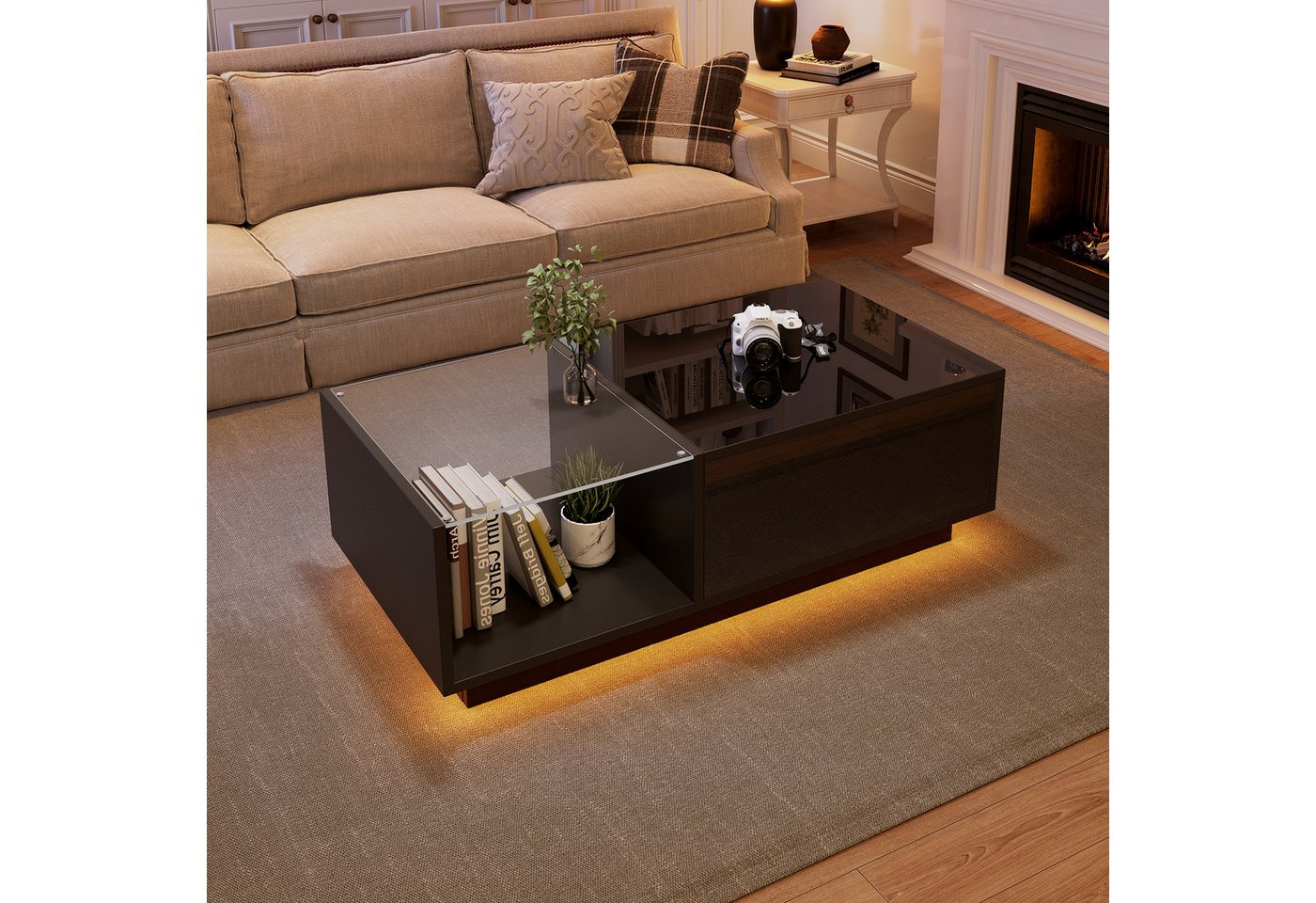 Merax Couchtisch höhenverstellbar Sofatisch mit Hebefunktion und Stauraum (1-St., 100x50x (33-46.5) cm), Beistelltisch Wohnzimmertisch mit Hochglanz-Oberfläche  – Bild 3 von 5