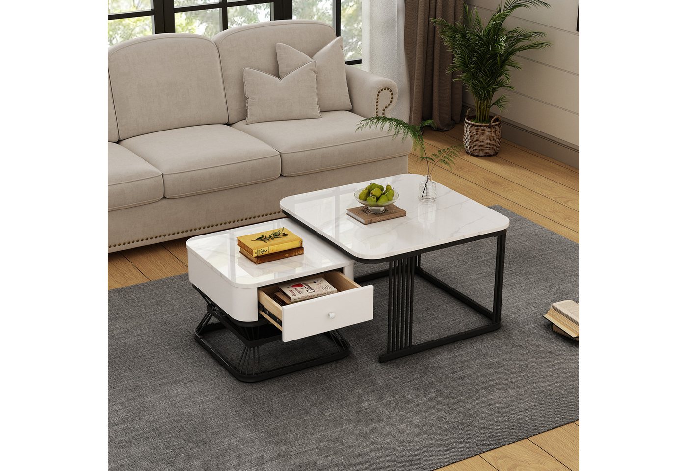 Merax Couchtisch im Marmoroptik mit Metallrahmen (2er Set) – Bild 3 von 5