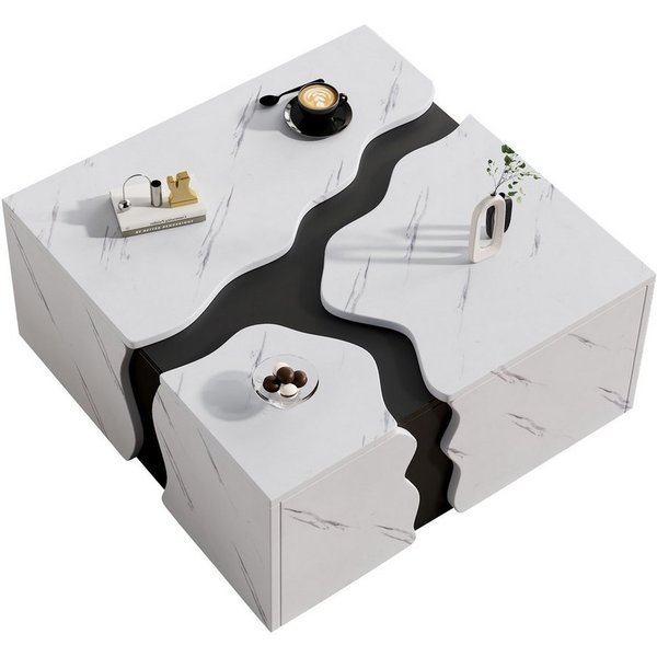 Merax Couchtisch in Marmoroptik, moderner geometrischer Beistelltisch (1-St), Kaffeetisch Wohnzimmertisch mit Schublade, 70x70x31cm