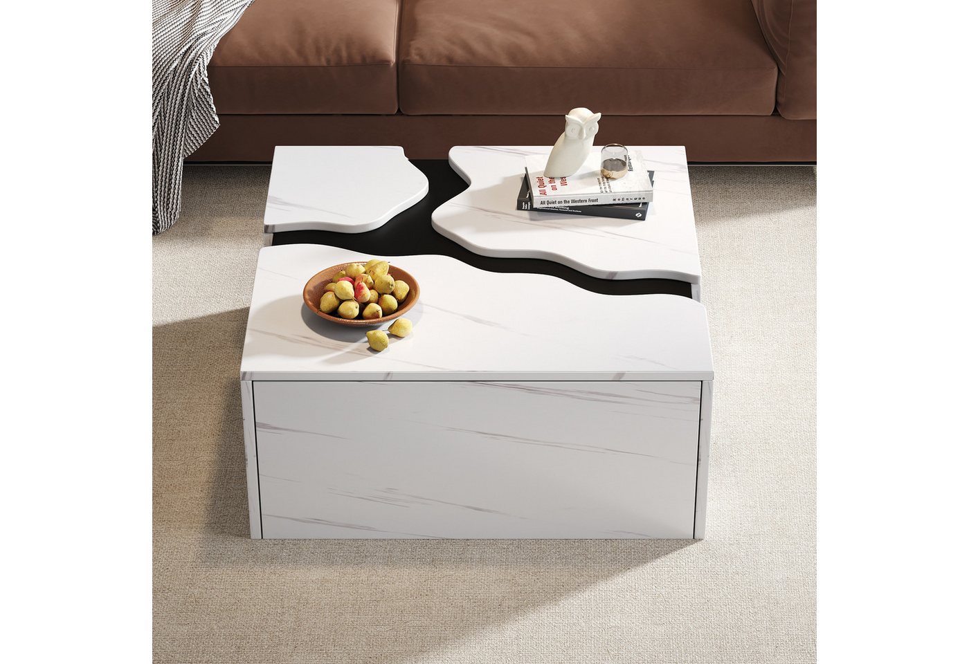 Merax Couchtisch in Marmoroptik, moderner geometrischer Beistelltisch (1-St), Kaffeetisch Wohnzimmertisch mit Schublade, 70x70x31cm – Bild 2 von 5