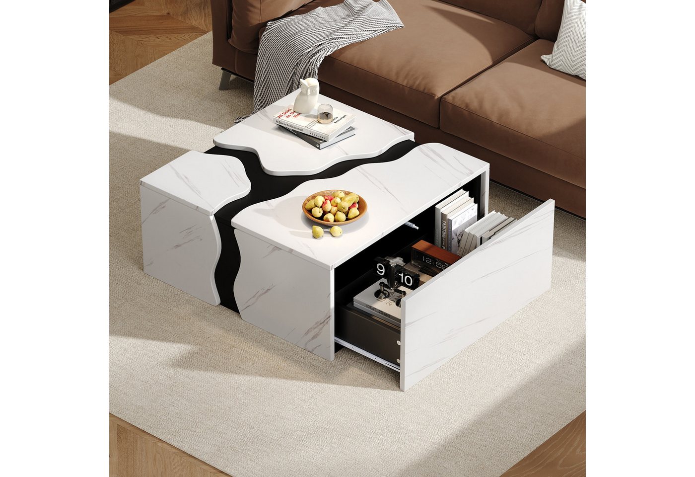 Merax Couchtisch in Marmoroptik, moderner geometrischer Beistelltisch (1-St), Kaffeetisch Wohnzimmertisch mit Schublade, 70x70x31cm – Bild 3 von 5