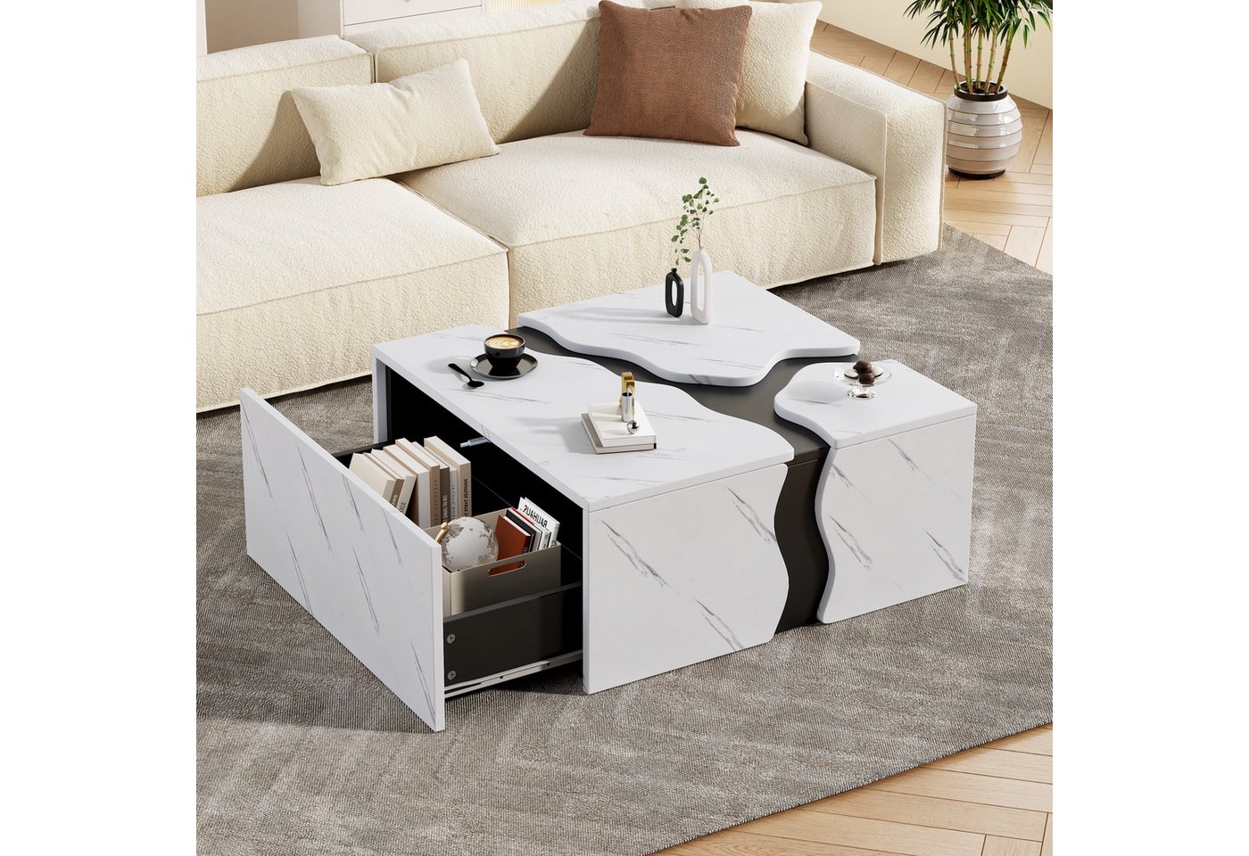 Merax Couchtisch in Marmoroptik, moderner geometrischer Beistelltisch (1-St), Kaffeetisch Wohnzimmertisch mit Schublade, 70x70x31cm – Bild 4 von 5