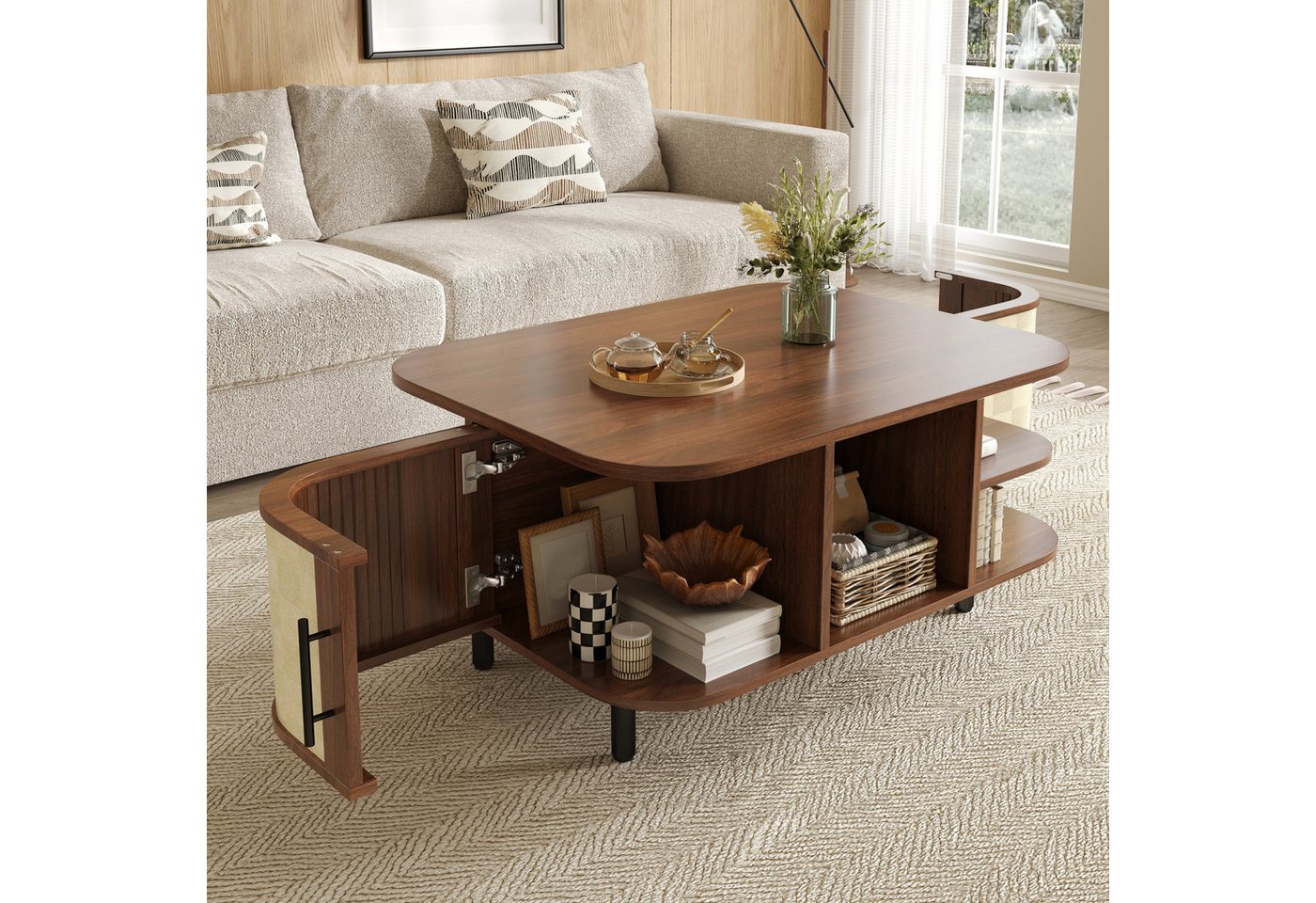 Merax Couchtisch in Walnussoptik, Beistelltisch geschwungene Form (1-St., 80 x 60 x 47 cm), Wohnzimmertisch mit Stauraum, Metallbeinen & geflochtener Oberfläche – Bild 2 von 5