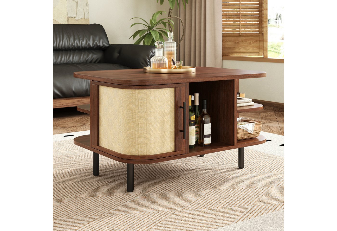 Merax Couchtisch in Walnussoptik, Beistelltisch geschwungene Form (1-St., 80 x 60 x 47 cm), Wohnzimmertisch mit Stauraum, Metallbeinen & geflochtener Oberfläche – Bild 3 von 5